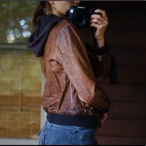 Free People Brown Faux Leather Hooded Jacket, Size 6